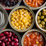 Overhead view of opened canned vegetables and legumes in metal containers